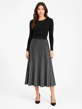 NWT Chartou Women’s S Reversible Pleated Midi Skirt Black Gray Metallic